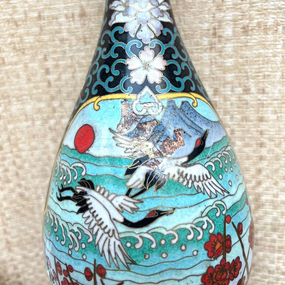 Antique Chinese Cloisonné Vase Colorful Enamel Crane Egret Birds Cherry Blossoms